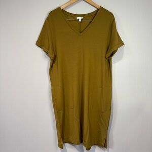 Garnet Hill Size Large Knee Length Mustard Tee Shirt Dress V Neck Pockets Comfy